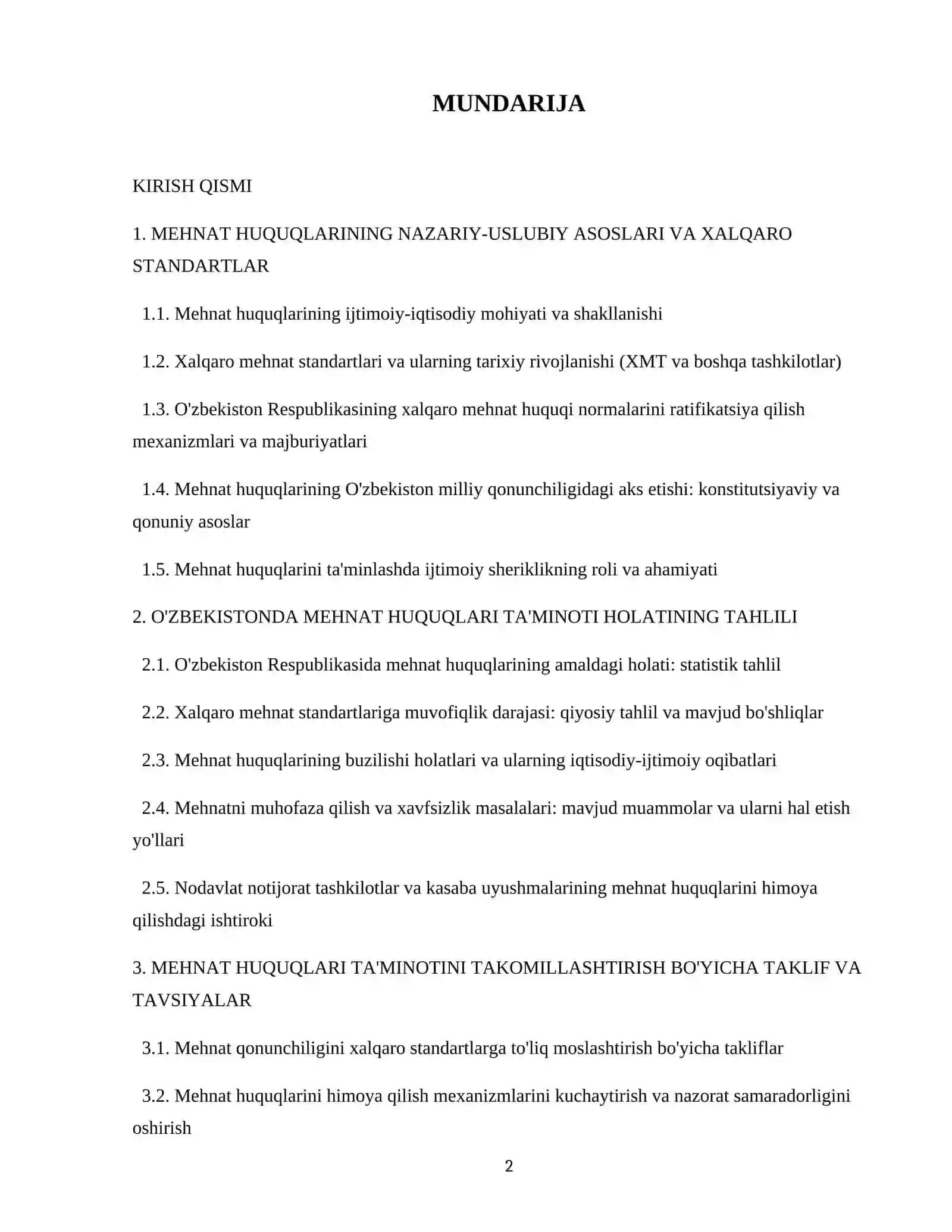 O'zbekiston Respublikasida mehnat huquqlarining xalqaro standartlar asosida ta'minlanishi 2