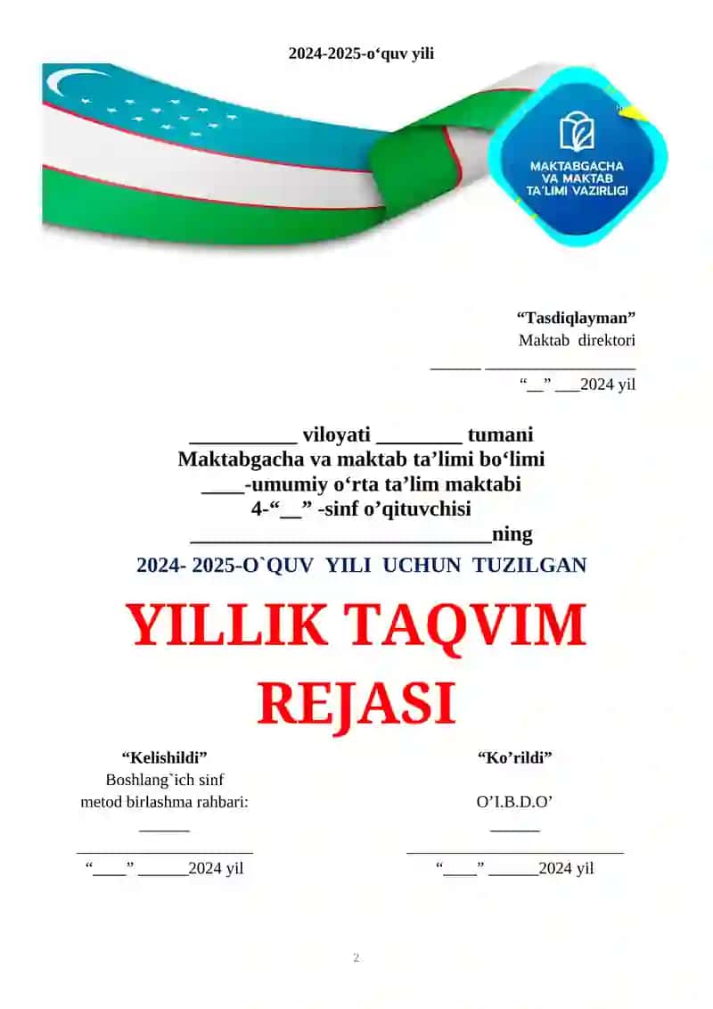 4-SINF O‘QISH SAVODXONLIGI FANIDAN TAQVIM REJA 2