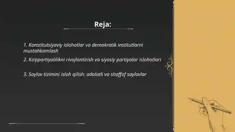 Oʻzbekistonda demokratik fuqorolik jamiyati asoslarining shakllanishida amalga oshirilgan siyosiy islohotlar 2