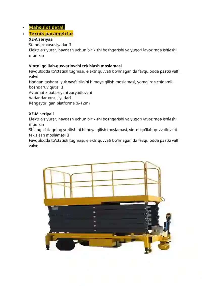 Mobil elektr qaychi ko'taruvchi yuk mashinasi 2