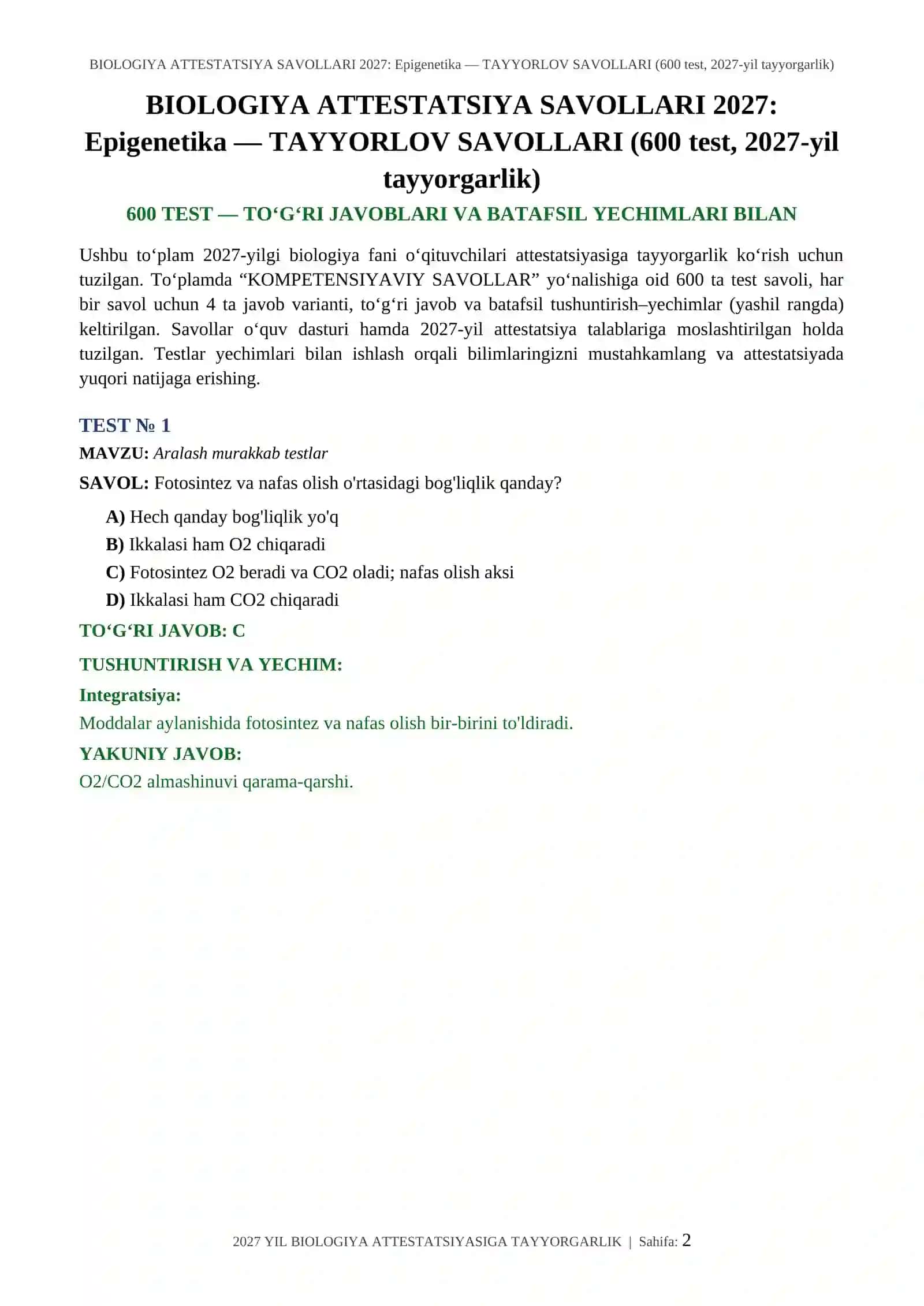 BIOLOGIYA ATTESTATSIYA SAVOLLARI 2027: Epigenetika — TAYYORLOV SAVOLLARI (600 test, 2027-yil tayyorgarlik) 2