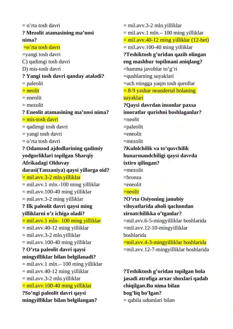 TARIX YO’NALISHI 1-KURS TALABALARI UCHUN ARXEOLOGIYA(I) FANIDAN TEST SAVOLLARI 2