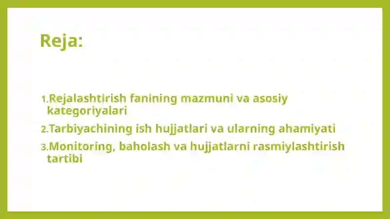 Rejalashtirish va tarbiyachining ish hujjatlari fanining asosiy kategoriyalari. 2