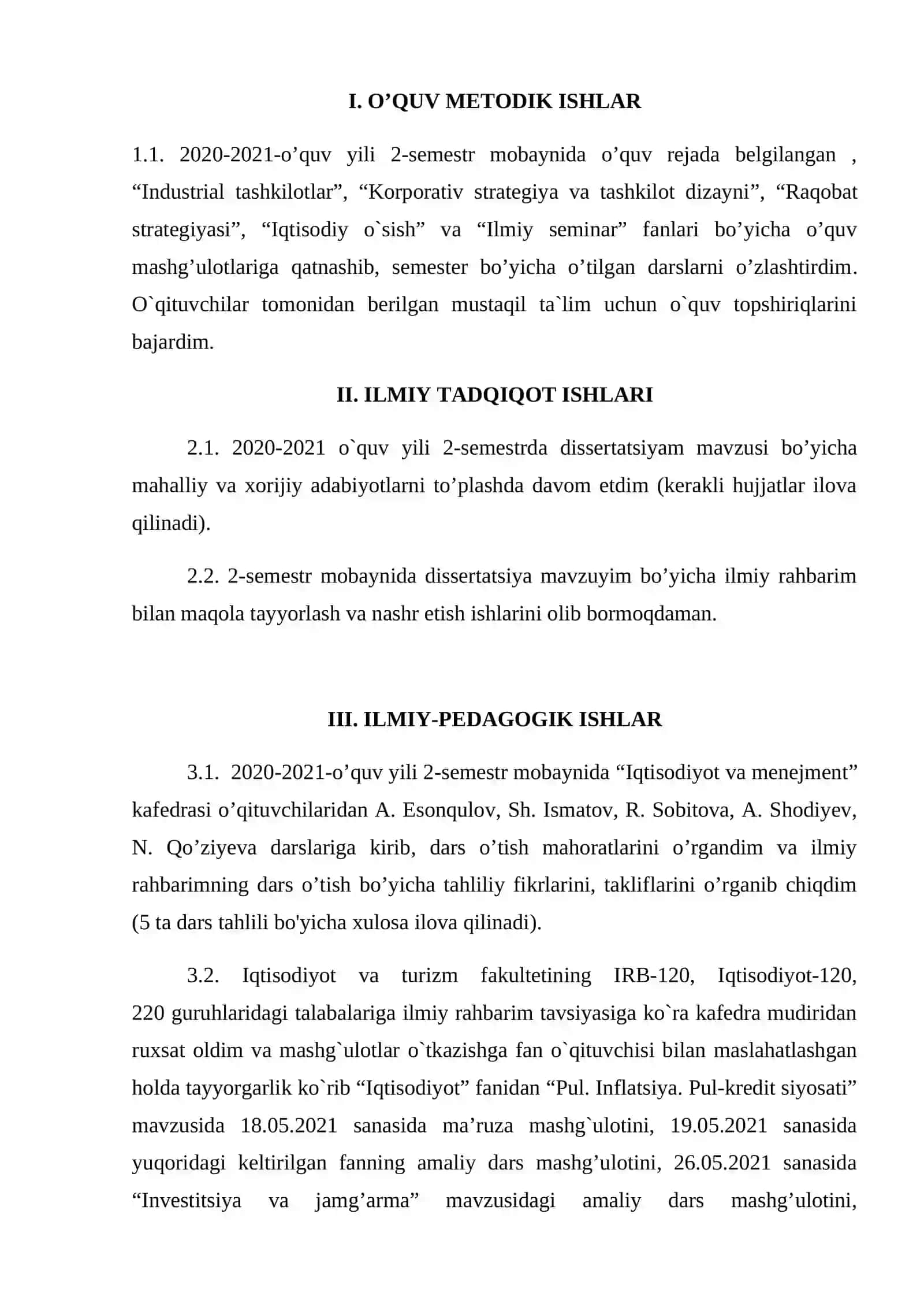 SHAXSIY ISH REJA BAJARILISHI BO’YICHA HISOBOTI 2