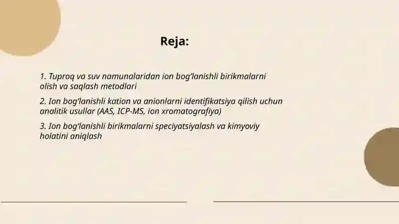 Tuproq va suvning ifloslanishida ion bogʻlanishli birikmalarni aniqlab ulardan tozalash usulini ishlab chiqish 2