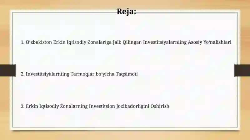 Erkin Iqtisodiy Zonalariga Jalb Qilingan Investitsiyalarniing Asosiy Yoʻnalishlari 2