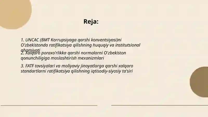 Korupsiyaga qarshi kurash bo'yıcha xalqaro qonunlar va qarorlaning O'zbekistonda ratifikatsiya qilishning ahamiyati, iqtisodiy-siyosiy va ijtimoiy-huquqiy mexanizmlari 2