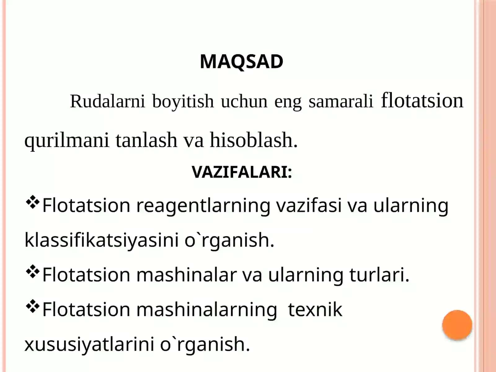 Unumdorligi 140 t/soat bo'lgan flotatsion qurilmani tanlash va hisoblash 2