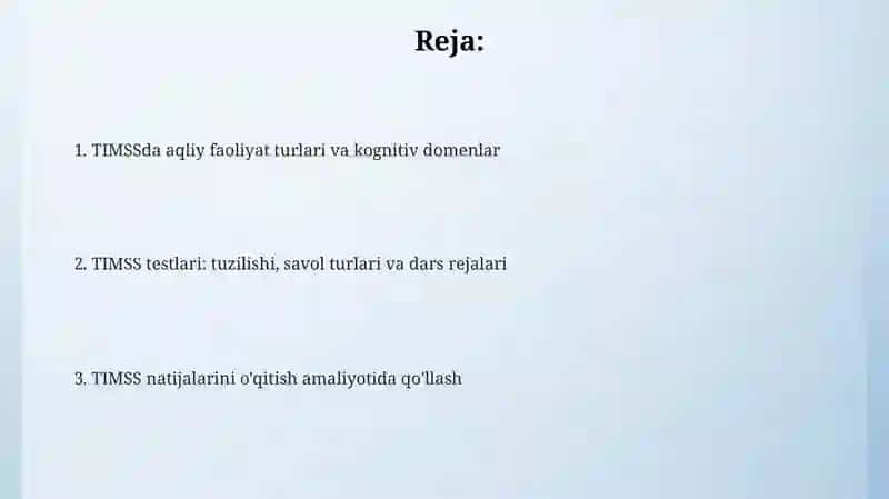 TIMSS XALQARO BAHOLASH DASTURIDA AQLIY FAOLIYAT TURLARI 2