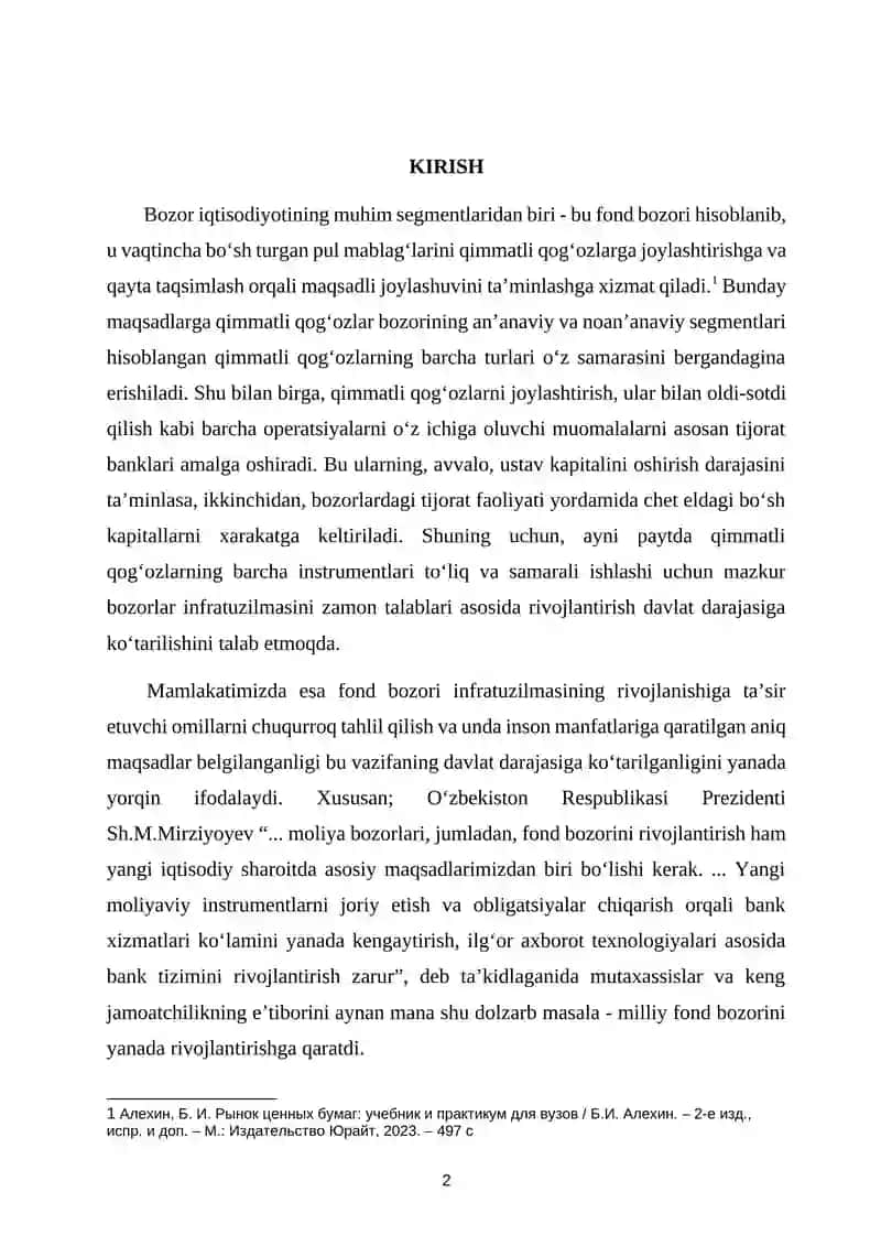 Qimmatli qog‘ozlar bozori va uning respublikamizda o’rnatilishi 2