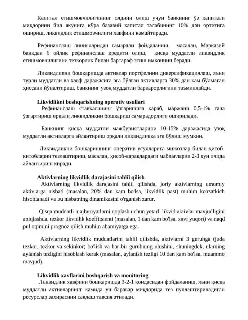Tijorat banklarining likvidligini baholash va boshqaruv mexanizmlari 2