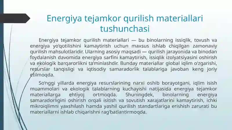 Energiya tejamkor qurilish materiallari ishlab chiqarish 2