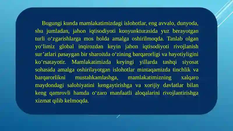 Oʻzbekiston Respublikasining Yevropa va Osiyo mamlakatlari bilan hartomonlama aloqalari 2