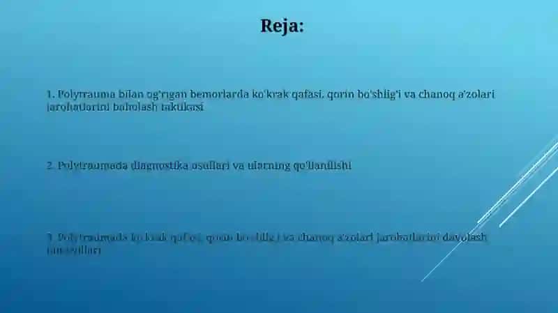Ko’krak qafasi, qorin bo’shlig’i va kichik tos azolari travmasi. Politravmada tekshirish taktikasi 2