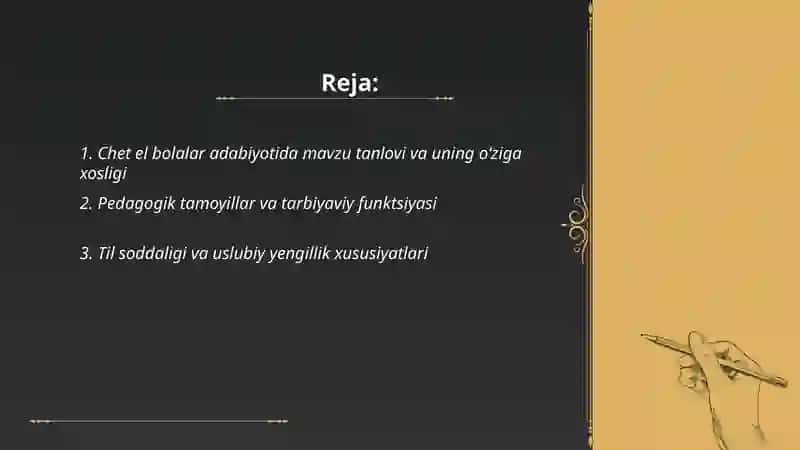 Chet el bolalar adabiyoti namoyondalari ijodining o‘ziga xos xususiyatlati va yetakchi tamoyillari 2