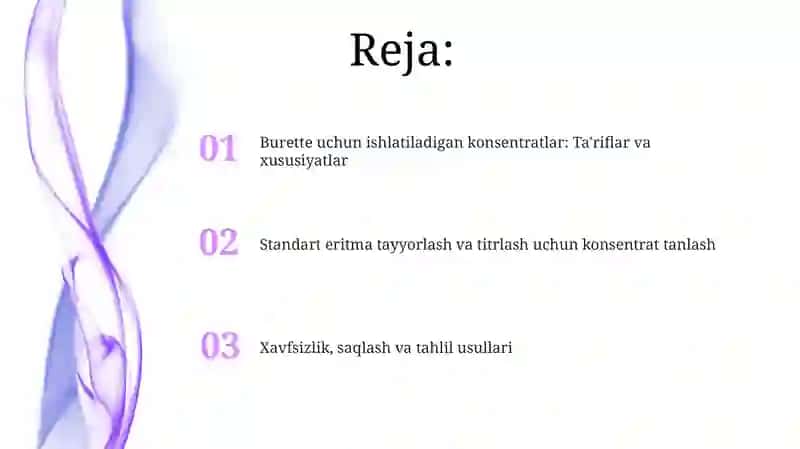 Byuretka moslamasida qoʻllaniladigan konsentratlar roʻyxati 2