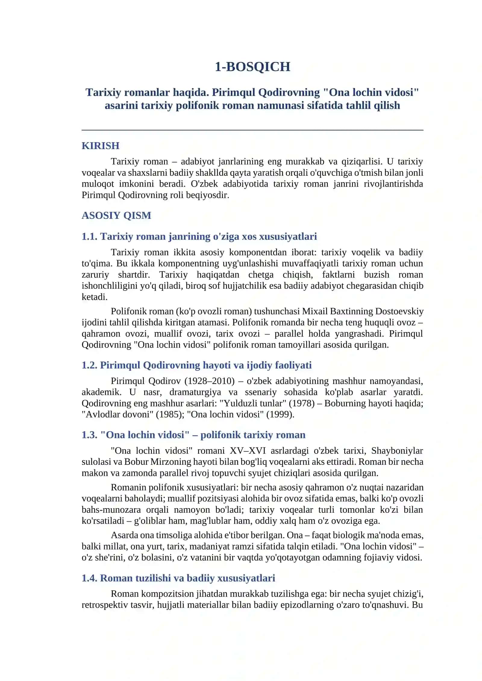 YANGI O'ZBEK ADABIYOTI (6-SEMESTR) 1-MUSTAQIL TA'LIM 8 bosqichda tayyorlangan konspekt — 2-variant 2