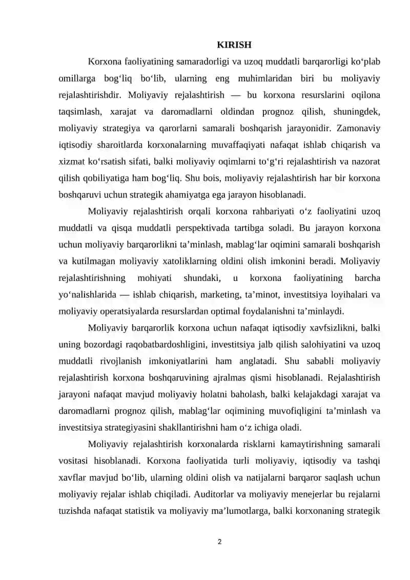 Korxonalarda moliyaviy rejalashtirishning ahamiyatini o’rganish va uning moliyaviy barqarorlikka ta’sirini tahlil qilish 2