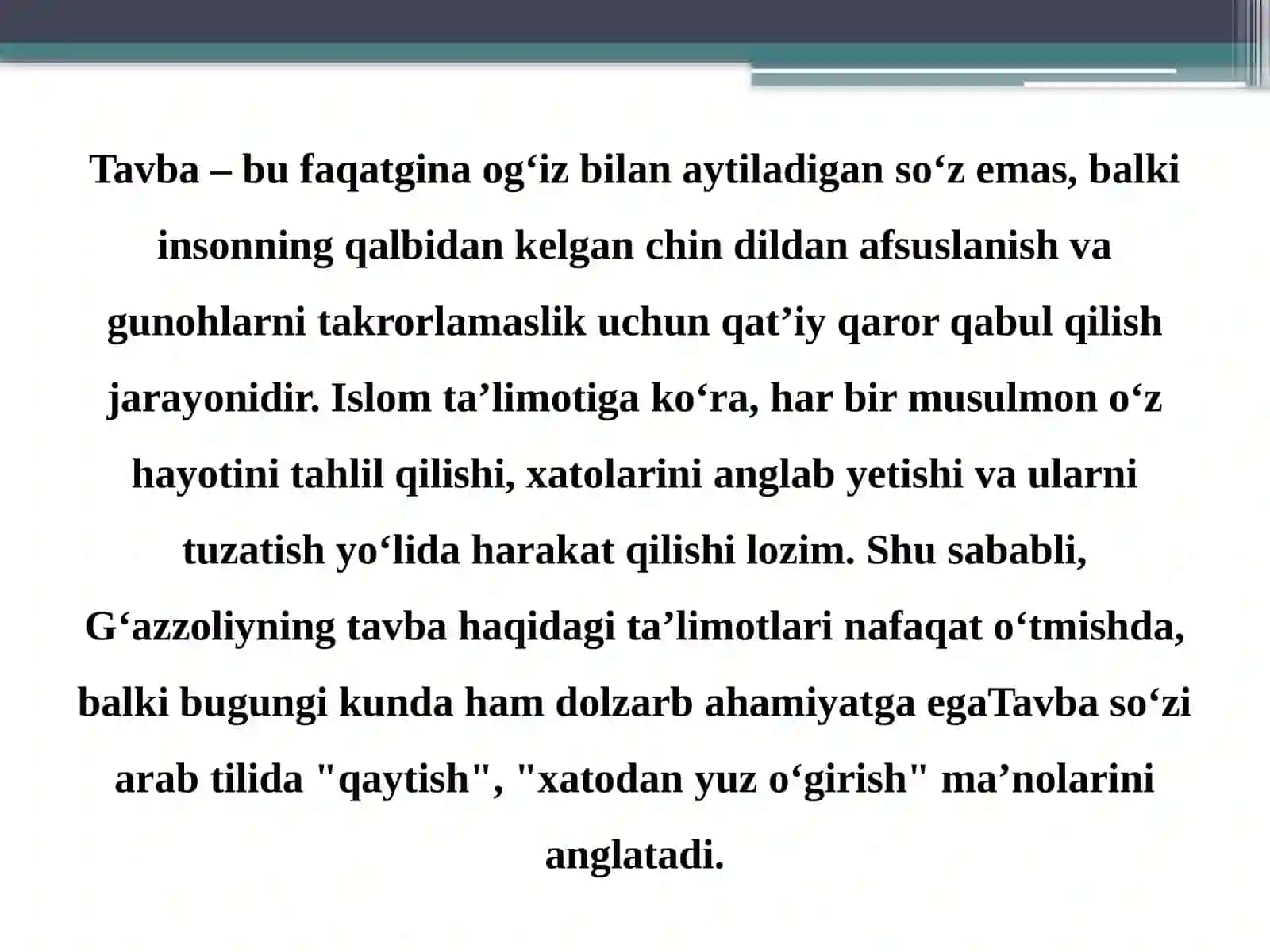 G`azzoliyning Tavba asari asosida ,,Din va axloq 2