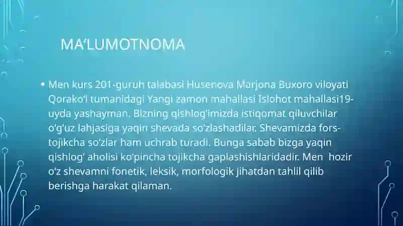 Buxoro viloyati Qorakoʻl tumanidagi Yangi zamon mahallasi oʻgʻuz shevasi haqida 2