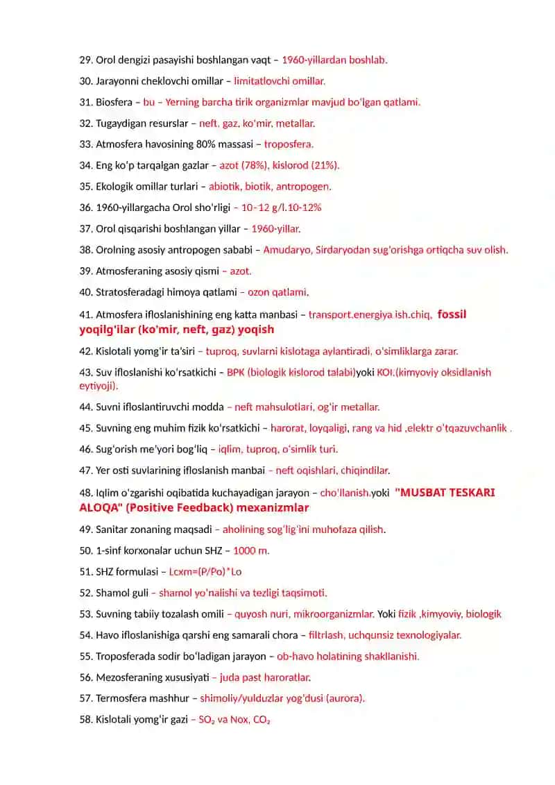 Ekologiya fanidan test savollar to'plami 2