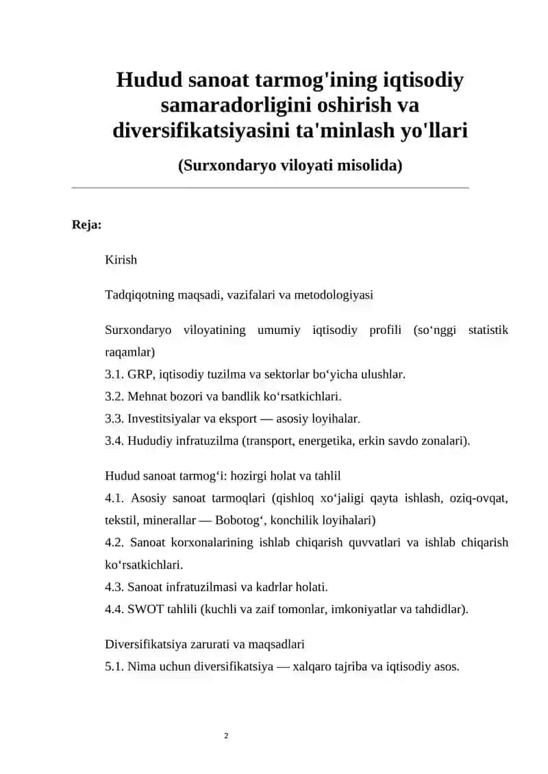 Hudud sanoat tarmog'ining iqtisodiy samaradorligini oshirish va diversifikatsiyasini ta'minlash yo'llari 2