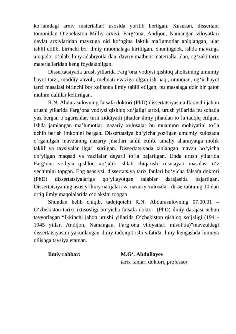 Ikkinchi jahon urushi yillarida O‘zbekiston qishloq xo‘jaligi (1941-1945 yillar, Andijon, Namangan, Farg‘ona viloyatlari misolida) 2