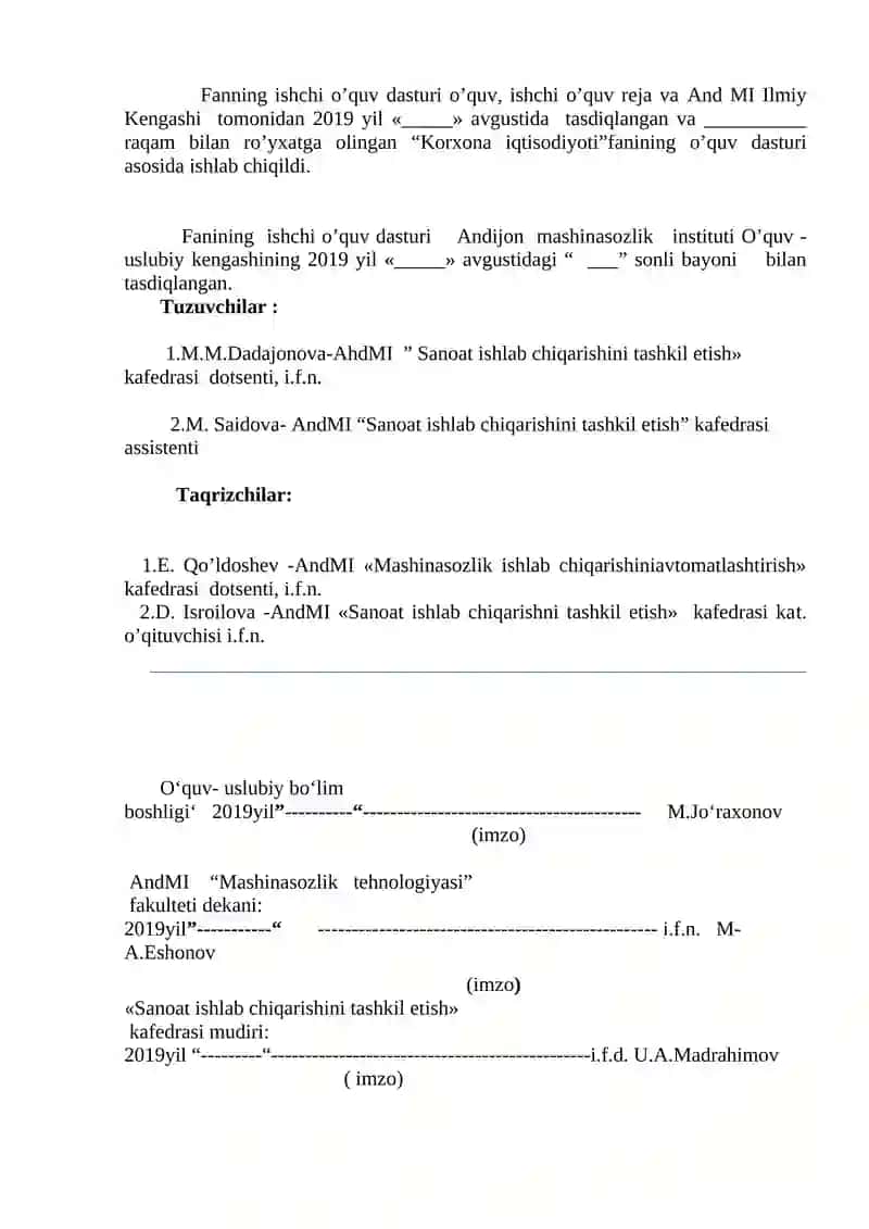 «KORXONA IQTISODIYOTI»fanining ISHCHI O‘QUV DASTURI 2