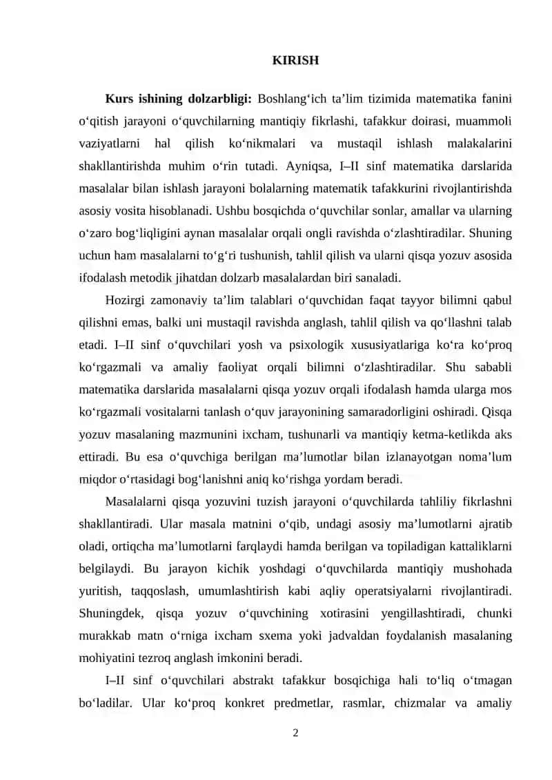 1-2 sinf matematika darslaridagi masalalarni qisqa yozuvini tuzish va ularga mos ko'rgazma tanlash 2