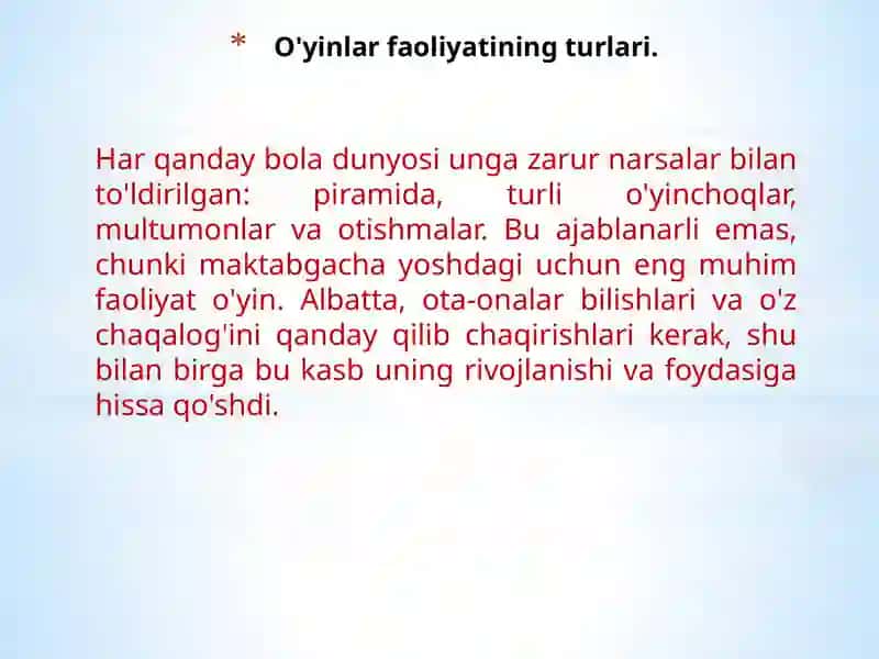 BOLALARO'YINLARI VA O'YINLAR FAOLIYATINING TURLARI 2