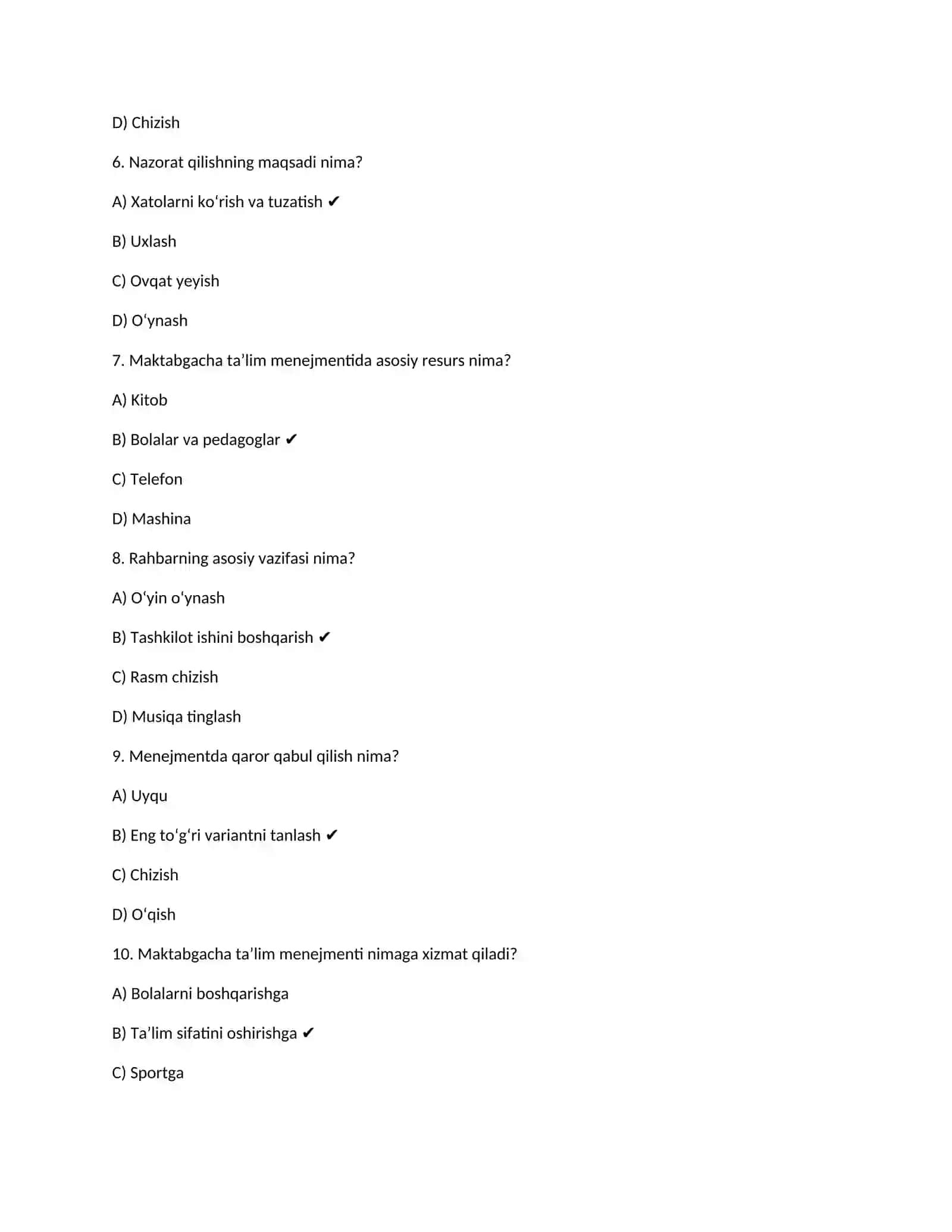 “Maktabgacha ta’lim tashkilotlarida menejment” Test 2