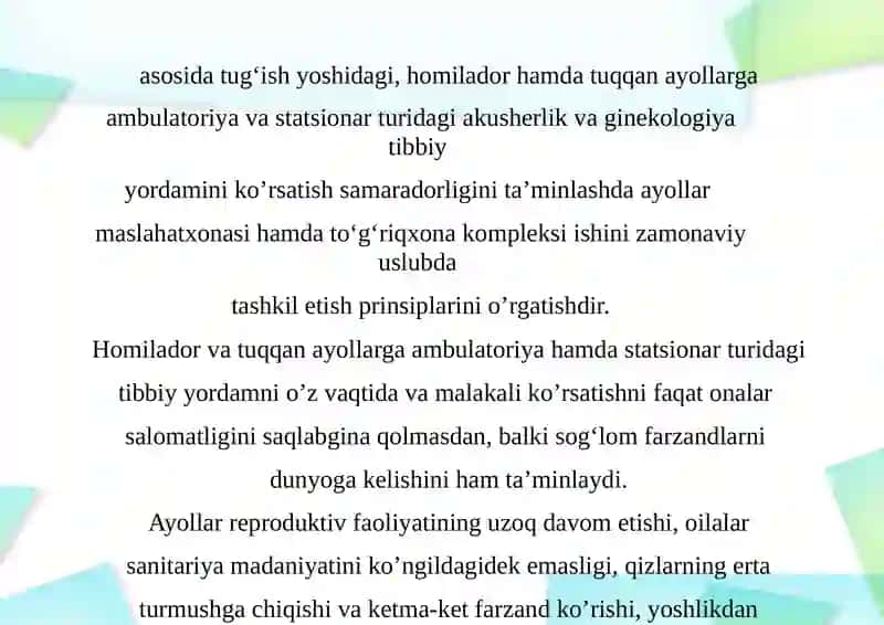 Akusher-ginekologik kompleks ishini to‘g‘ri tashkil etish 2