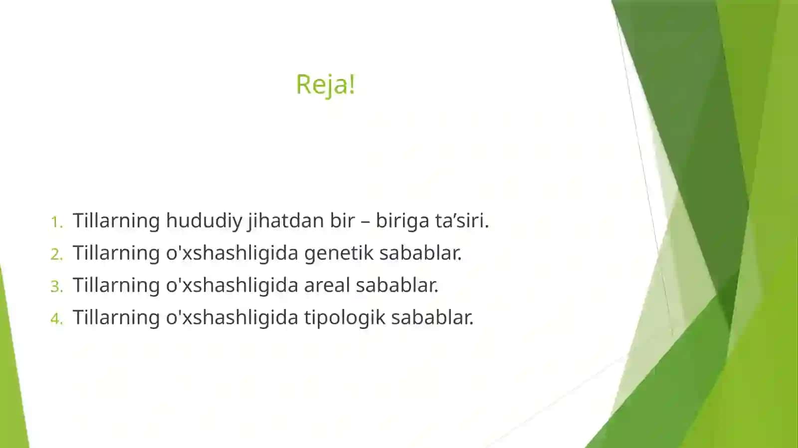 Areal Tilshunoslik. Tillar o’xshashligining genetik, areal va tipologik sabablari! 2