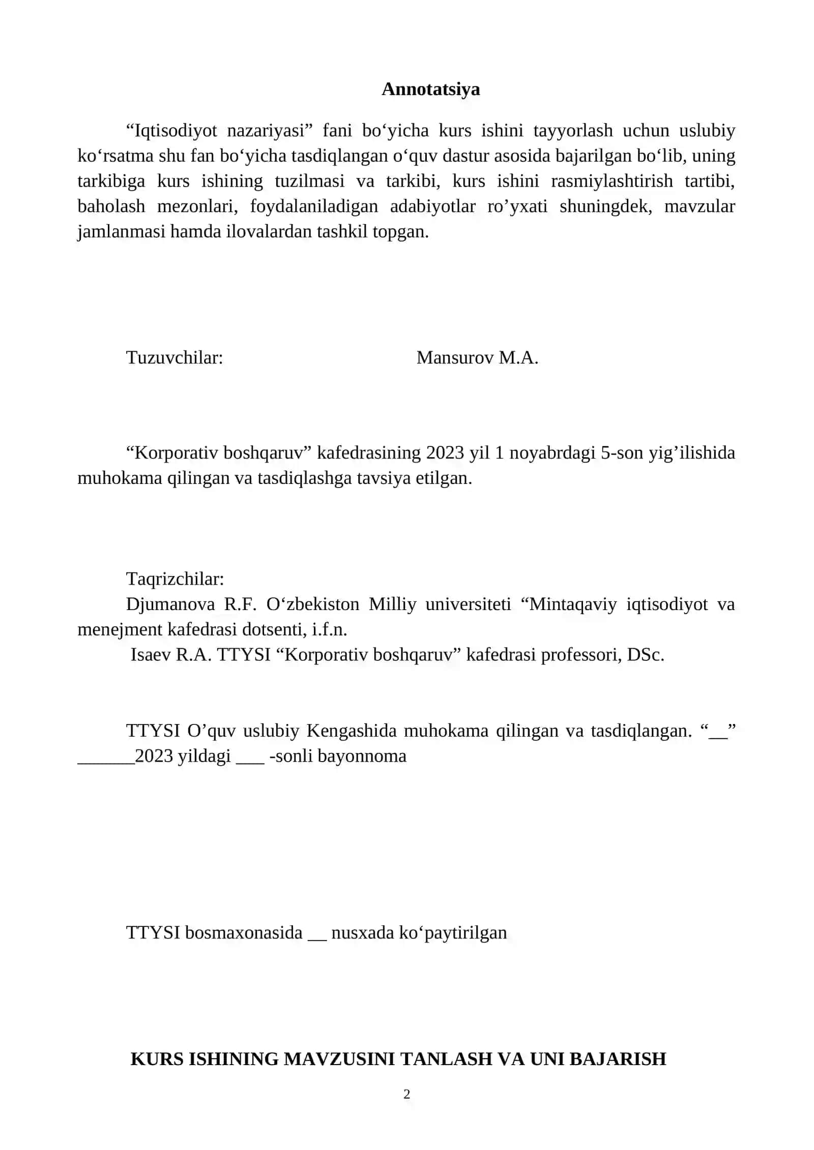 “IQTISODIYOT NAZARIYASI” FANIDAN KURS ISHI (LOYIHASI)NI BAJARISH UCHUN USLUBIY KО‘RSATMALAR 2