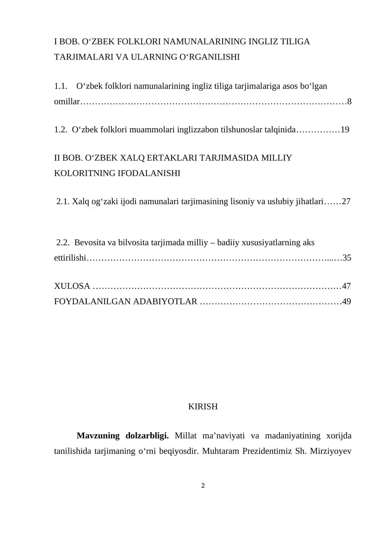 O‘ZBEK FOLKLORI NAMUNALARINING INGLIZ TILIGA TARJIMALARI VA ULARNING O‘RGANILISHI 2