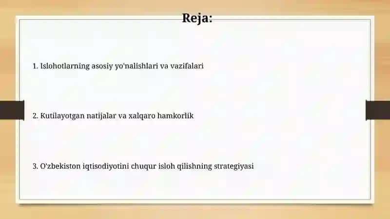 O'zbekiston iqtisodiyotida islohotlarni chuqurlashtirish bo'yicha rivojlanish strategiyasi 2