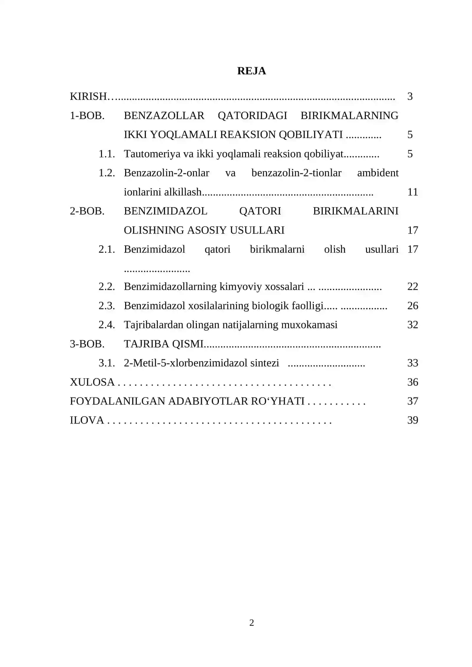 2-metil-5-xlorbenzimidazolni olish usulini ishlab chiqish 2