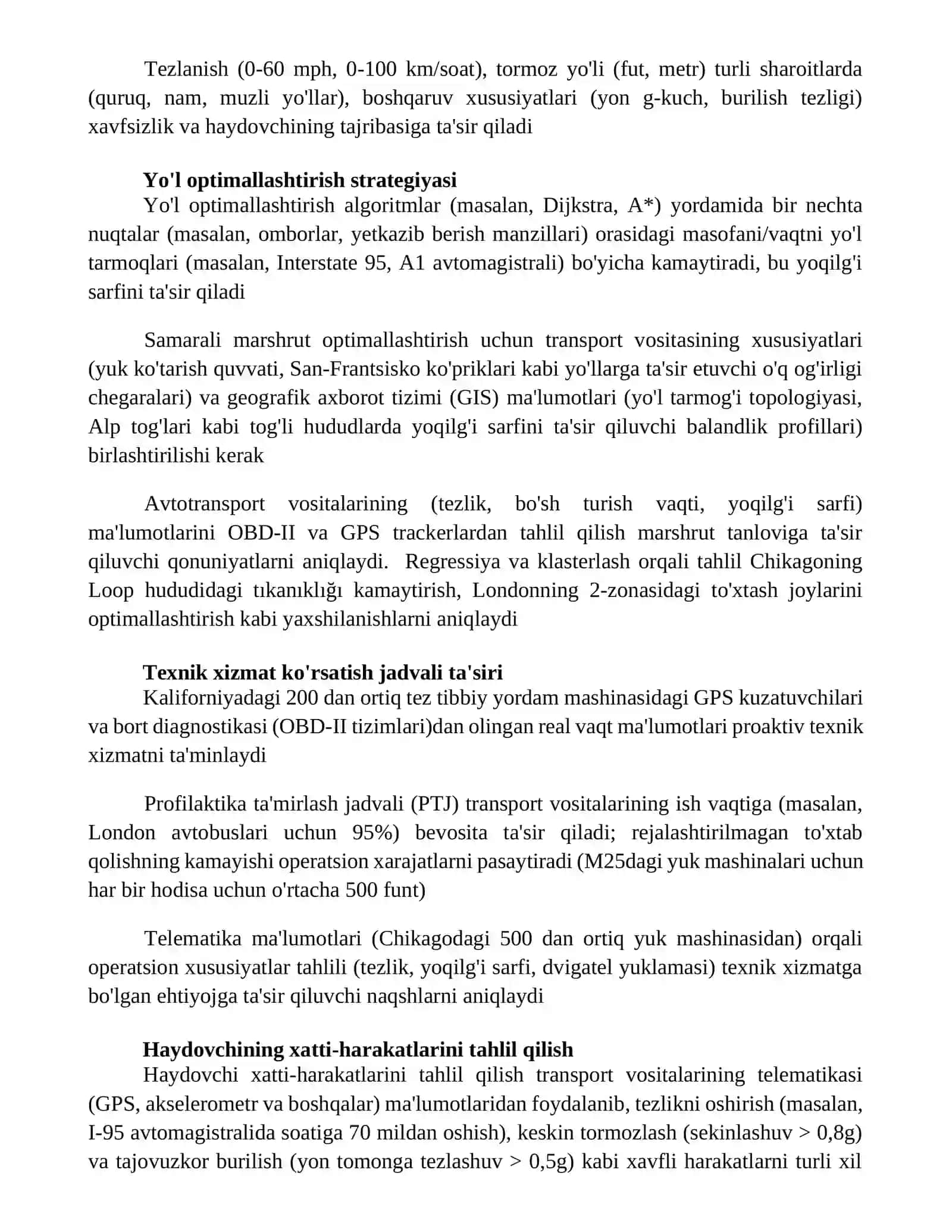Transport vositasi ekspluatatsion xususiyatlarni urganish 2