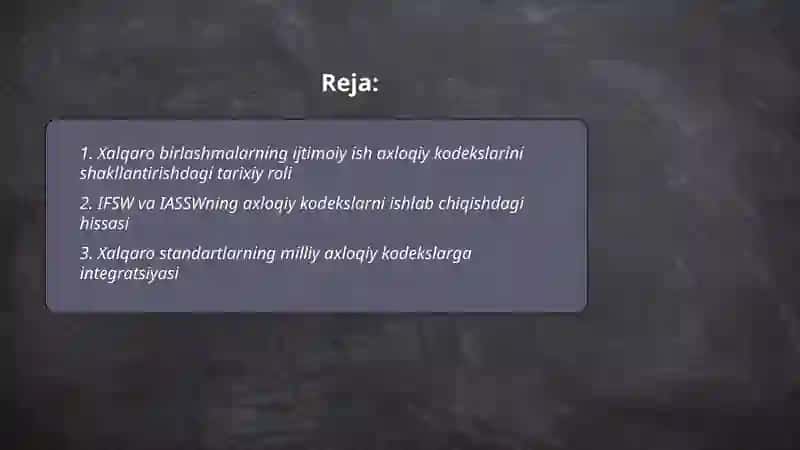 Ijtimoiy ish axloqiy kodekslarini tuzish va tasdiqlashda xalqaro birlashmalarning roli 2