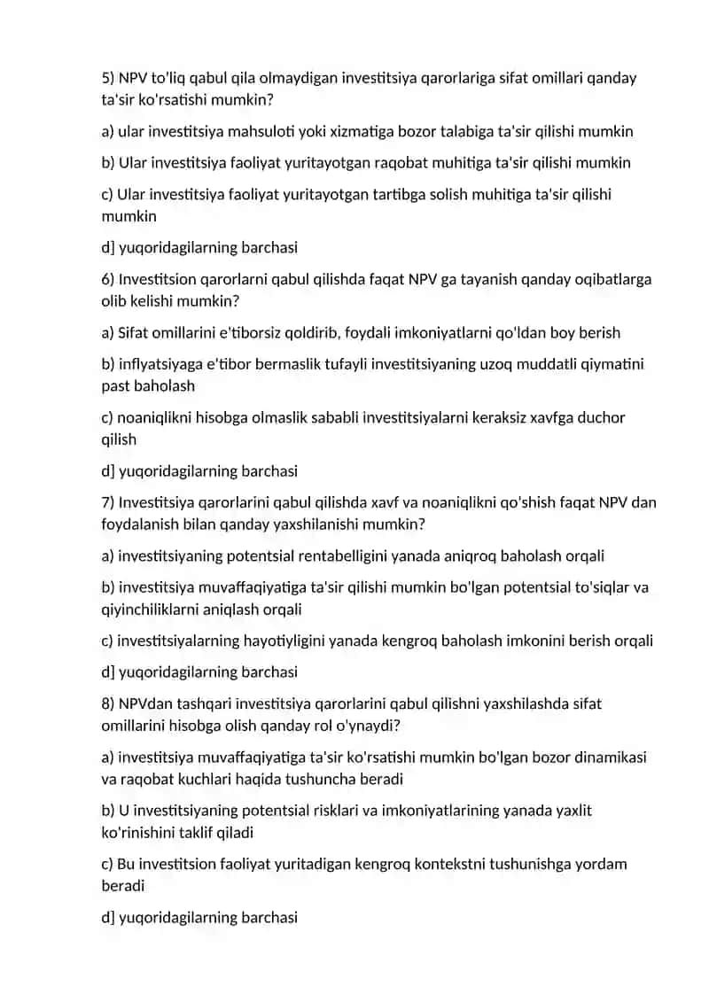 Sof joriy qiymat qoidasining investitsion qarorlar qabul qilishdagi o’rni va ahamiyati 2