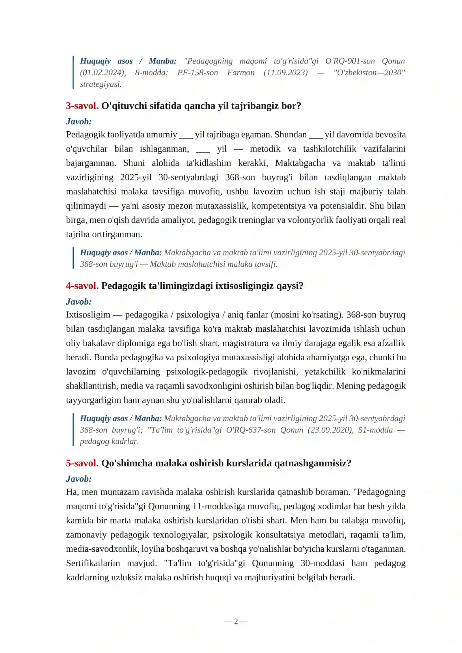 Maktab maslahatchisi savollarga javoblar 2