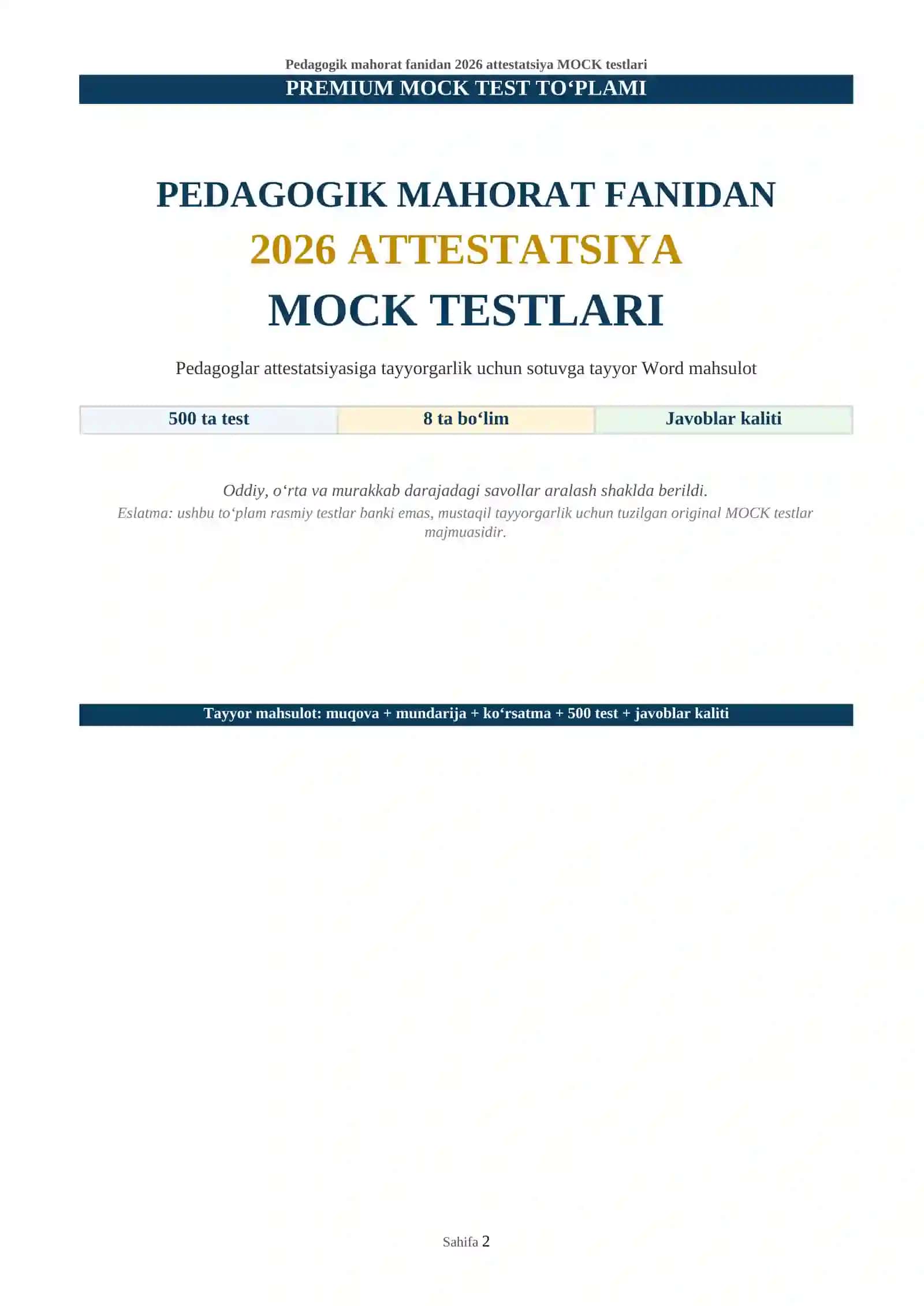 Pedagogik mahorat fanidan 2026 attestatsiya MOCK testlari 2
