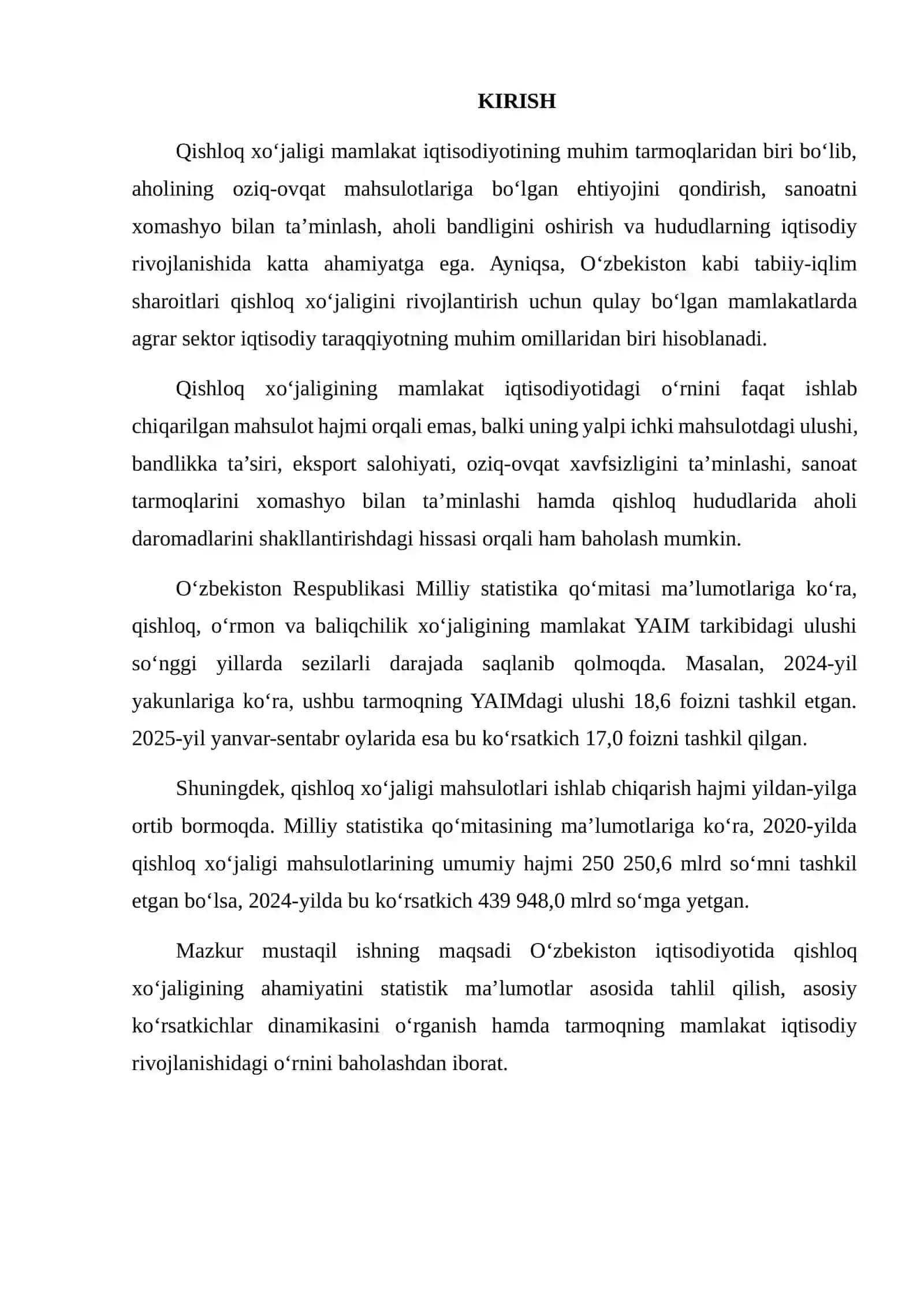 QISHLOQ XO‘JALIGINING IQTISODIY RIVOJLANISHDAGI AHAMIYATINI STATISTIK MA’LUMOTLAR ASOSIDA BAHOLASH 2