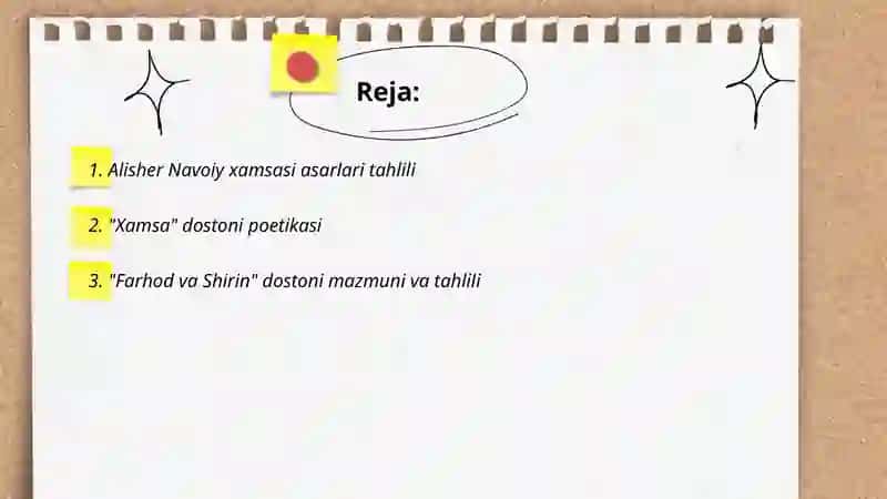 Epik asarlar tahlili,matn ustida ishlash yoʻllari.("Xamsa"dostonlari misolida) 2