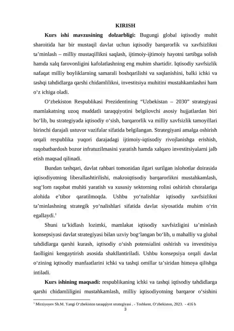 Mamlakat iqtisodiy xavfsizligini ta’minlashning ustuvor yo’nalishlari 2