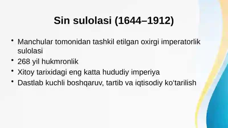 Prezentatsiya (Sin sulolasi va  XlX asrdagi xitoy 2