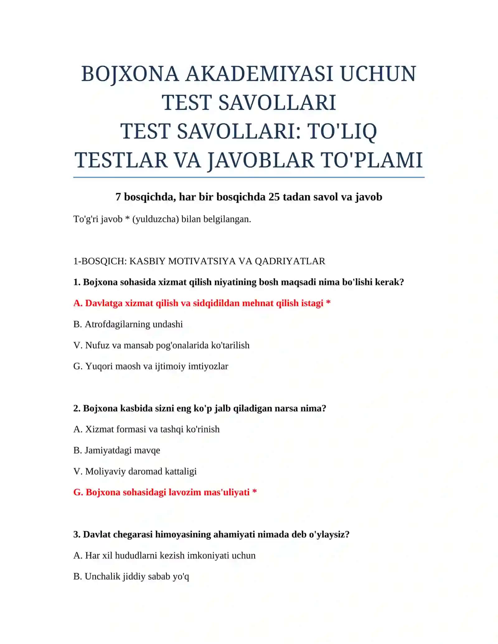 TEST SAVOLLARI: TO'LIQ TESTLAR VA JAVOBLAR TO'PLAMI 2