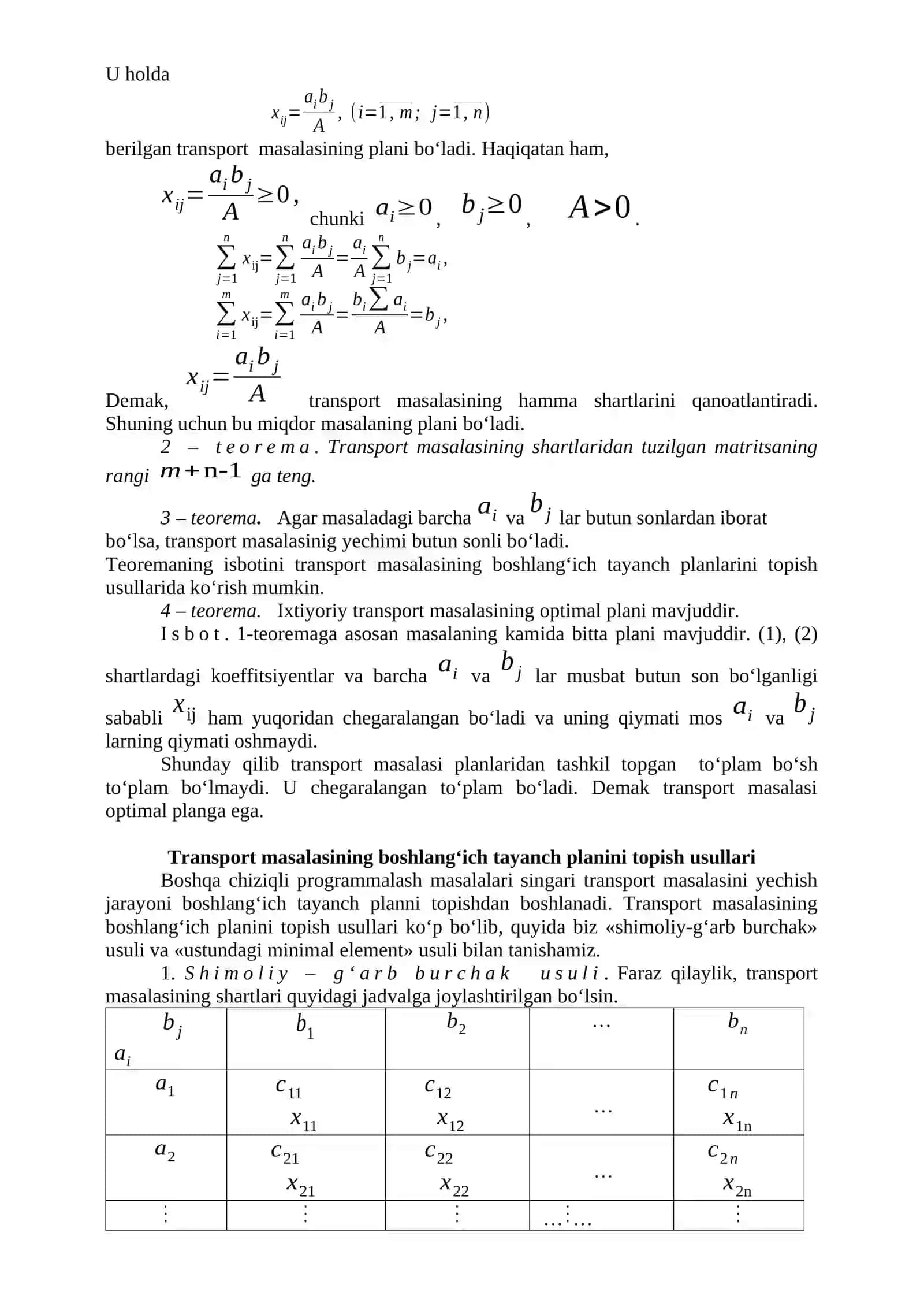 CHIZIQLI PROGRAMMALASHTIRISHNING TRANSPORT MASALALARI 2