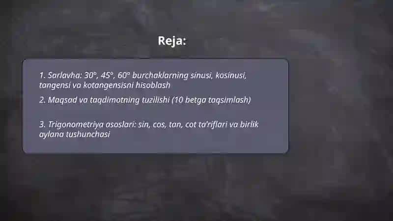 30 45 60° burchaklarning sinusi, kosinusi, tangensi va kotangensisni hisoblash 2