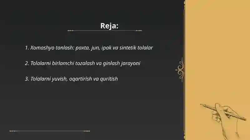 Tanda va arqoq iplarini to'quvchilikka tayyorlash jarayonlari 2